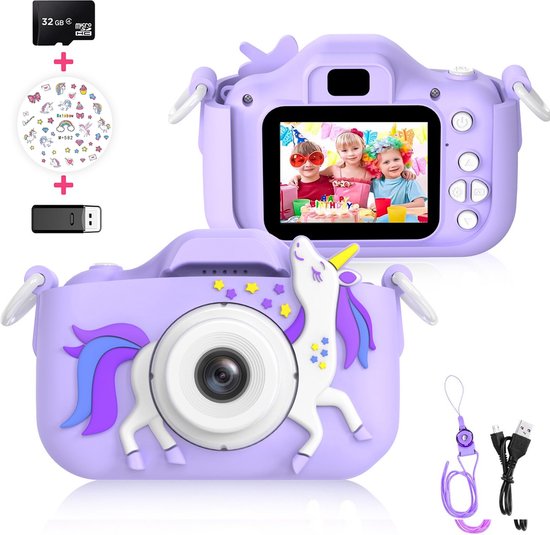 Ilona® Digitale Kindercamera HD 1080p inclusief stickervel - Speelgoedcamera - 32GB micro sd kaart - Fototoestel Voor Kinderen - Selfie Camera - Unicorn Paars