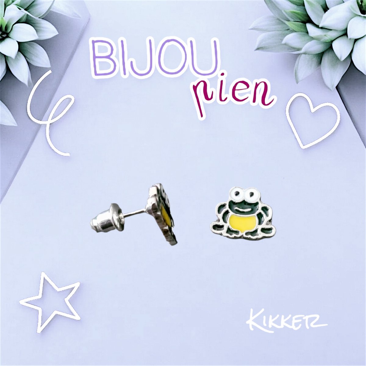 Kids Bijoux - Bijou Pien - Oorstekers Zilver Tone - Kikker (donkergroen / geel / wit) - 8x10 mm - Kinderen jeugd vrouwen - unisex - casual