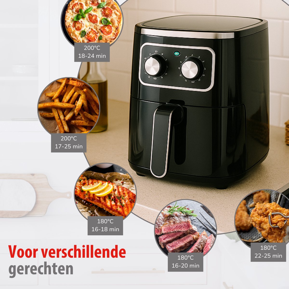 Afbeelding 3 van alpina Airfryer 4.5L - Heteluchtfriteuse 1-4 Personen - Air Fryer met Timer Functie - Instelbare Temperatuur 80 tot 200 Graden - Heteluchtoven 1400W
