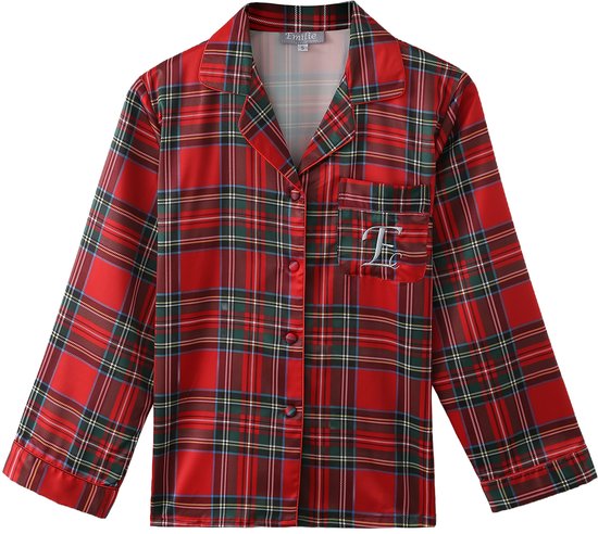 Pyjamajas met lange mouwen, rood ruitjespatroon, satijn, met geborduurd 'E' op de borstzak.