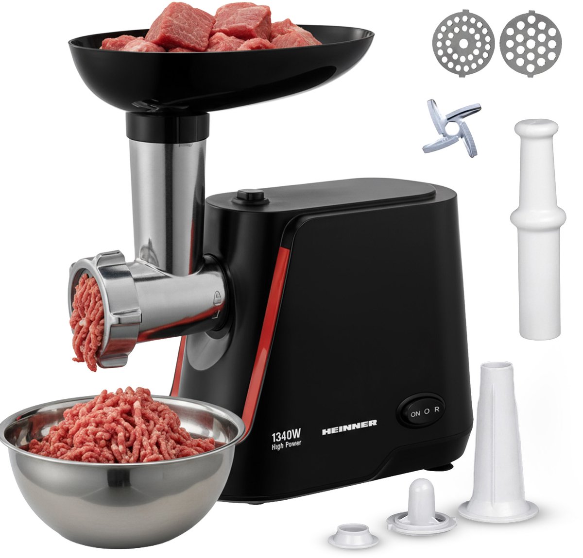 Heinner Elektrische Vleesmolen – Gehaktmolen met RVS mes – 2 snelheden + Reverse-functie – 1340 W – 1,5 kg/min – Inclusief Worst & Kibbe-accessoire – Zwart