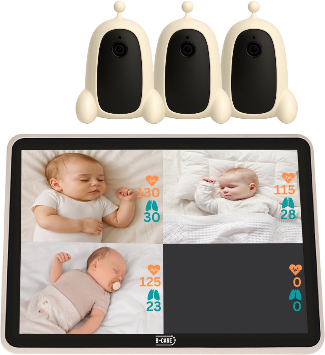 B-Care Nova Sense Touch – Babyfoon Met 3 Camera's – 7.0 Inch HD Touchscreen – Contactloze Hartslag & Ademhalingssensor Met AI-Technologie – Quad Screen – Bewegingszone – Uitbreidbaar Tot 4 Camera’s – Zonder Wifi en App
