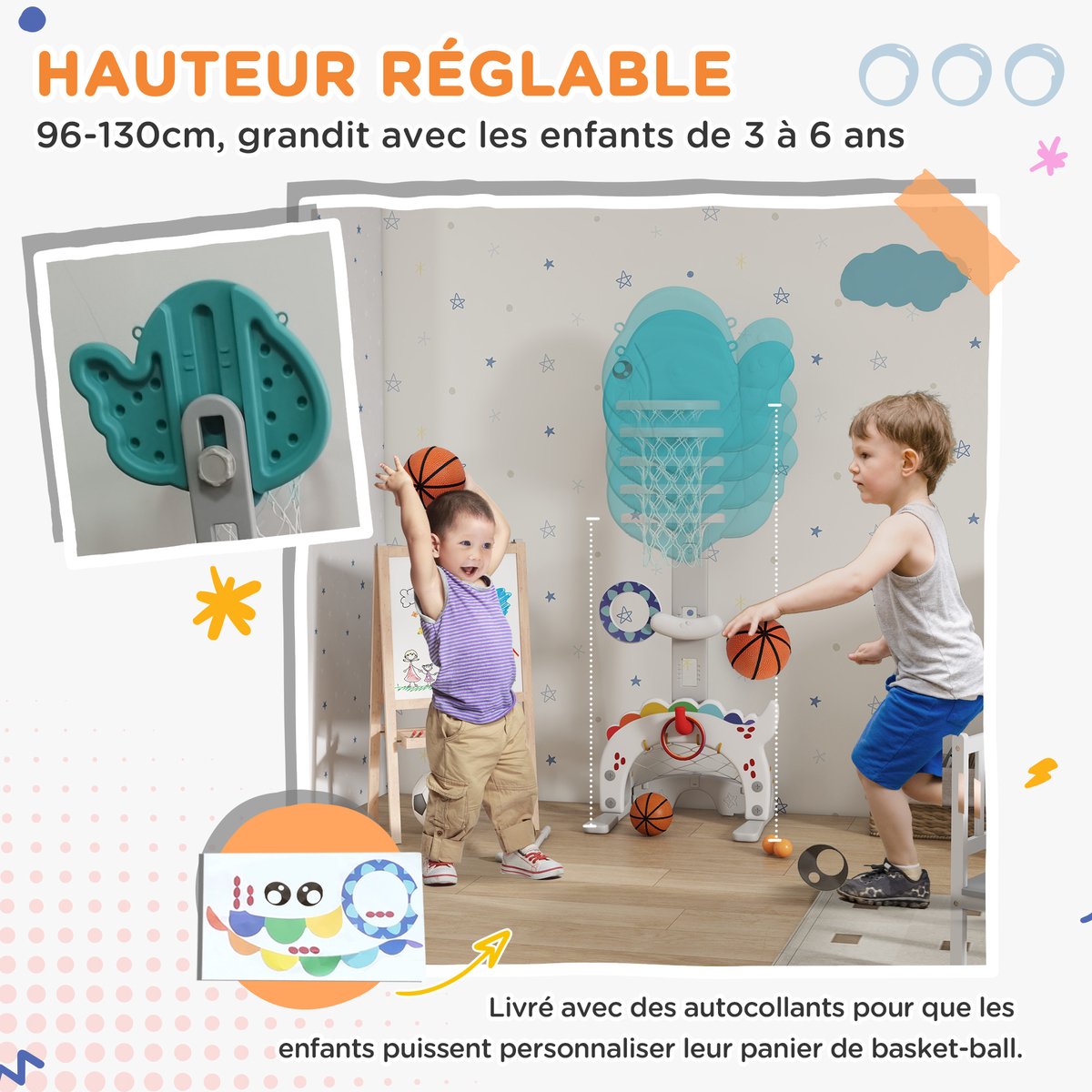 AIYAPLAY-Kinderbasketbalstandaard-HDPE-51x46x152cm-Blauw, grijs en wit