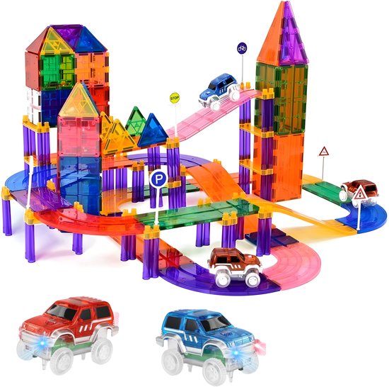 Magna Minds - Magnetic Tiles racebaan - Zelfrijdende auto - Magnetisch Speelgoed – 122 stuks - Constructie speelgoed - Magnetische tegels - Montessori speelgoed - Magnetic toys - Magnetische bouwstenen - Speelgoed Kinderen