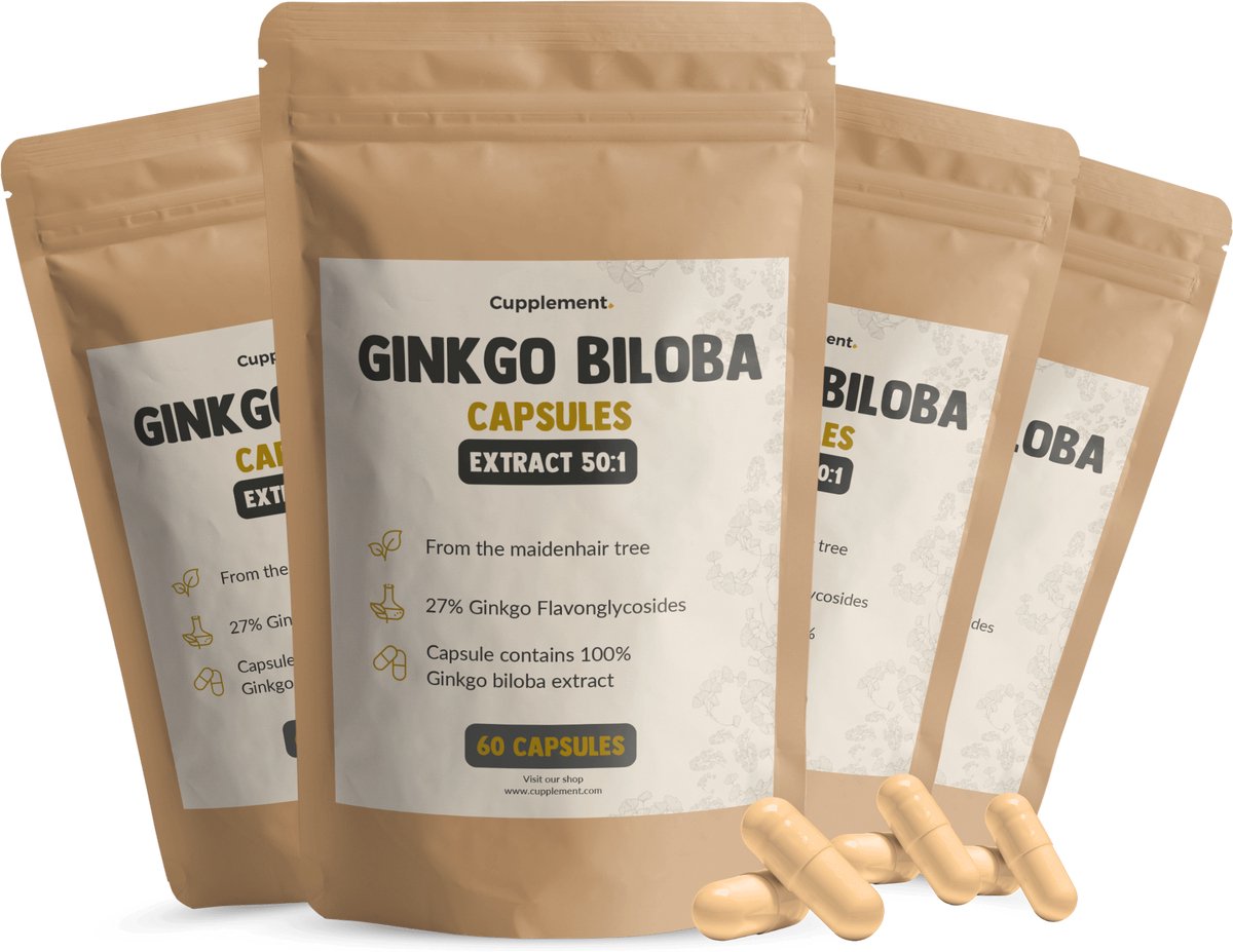 Cupplement Ginkgo Biloba 12.000 mg per dagdosering Combideal 4x 60 Capsules - Geheugen & Concentratie - Nootropics ginko - Vegan - Zonder toevoegingen - Lab getest - 60 dagen voorraad per zakje -