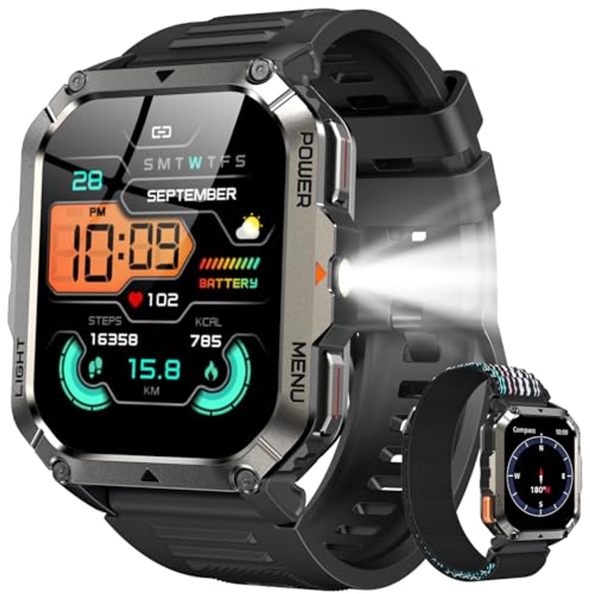 Militaire Smartwatch voor Heren - 2,01 inch, Bluetooth, 100+ Sportmodi, IP68 Waterdicht, 24/7 Gezondheidsmonitor