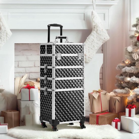 Cosmeticakoffer, trolley, make-upkoffer, make-uptafel met 4 wielen, verlichting en spiegel, professioneel make-upstation, vier multifunctionele vakken, instelbare hoogte voor professionele visagisten