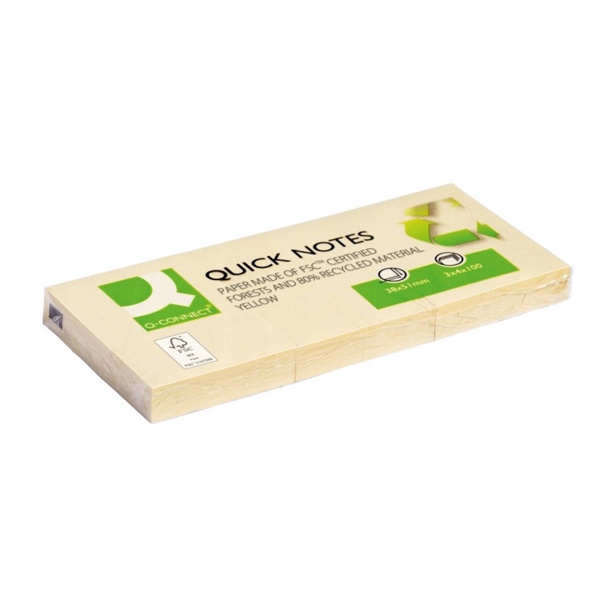Q-Connect Geeltjes 3x100 Vel, 38x51mm, 80% Gerecycled