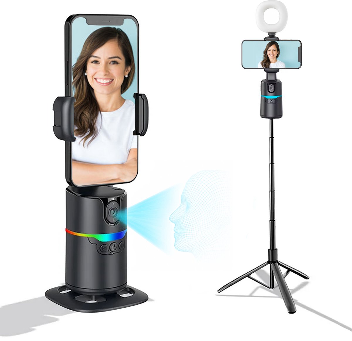 Automatisch Smartphone Volgstatief – 360° Draaibare Tripod – AI Gezichtstracking – LED Licht