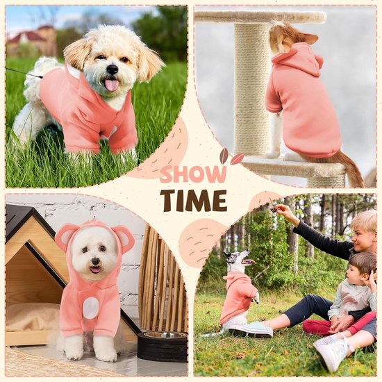 Collage van honden en katten die roze hoodies dragen, inclusief een hond in de natuur en een kat op een krabpaal.