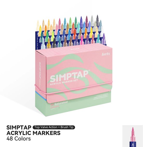 Een roze en groene doos met 48 Arrtx Simptap acryl markers, met illustratie van een enkele pen.