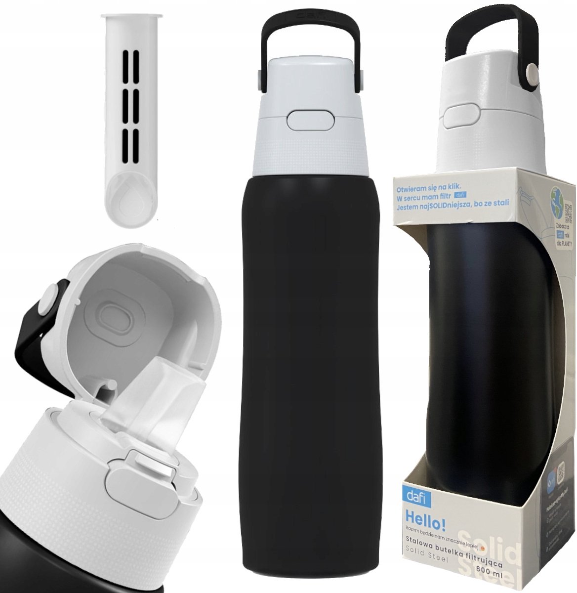 Dafi Solid Steel Zwarte Waterfilter Fles 0.8L - Roestvrij Staal