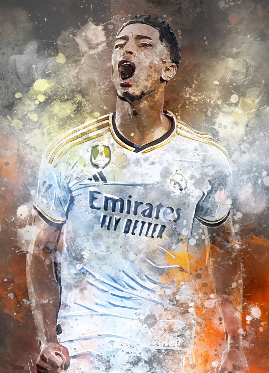 Wallofprints - Bellingham poster op A3 semi- glossy papier - 29.7x42 cm - Sport poster - Voetbal poster - Unieke poster van Jude Bellingham in Real Madrid tenue met donkergrijze achtergrondkleur