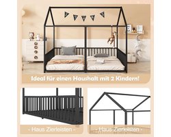 Kinderbed 2-in-1 metalen huisbed met valbeveiliging – 180x200 cm – grondbed voor 2 kinderen – broers en zussen bed – Montessori huisstijl bed 90x200 cm – stevig stalen frame – zwart – Medahomestore