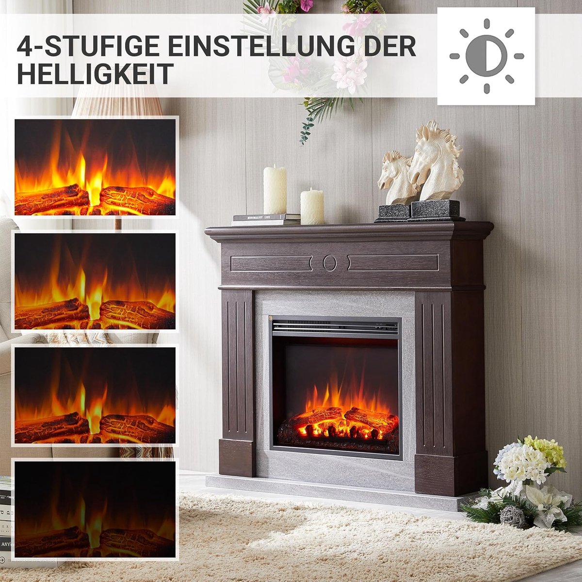 Elektrische Haard met Verwarming 1000/2000W – 3D Realistisch Vlameffect, LED Verlichting, Thermostaat, Timer & Afstandsbediening – Klassieke Vrijstaande Open Haard 111x25x95 cm – Donkerbruin – Medahomestore Leandros Luxe
