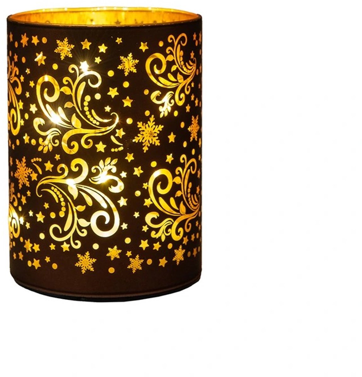 Cylinder glas met sterren 10led warm wit 9h12 cm donkerbruin/goud A...