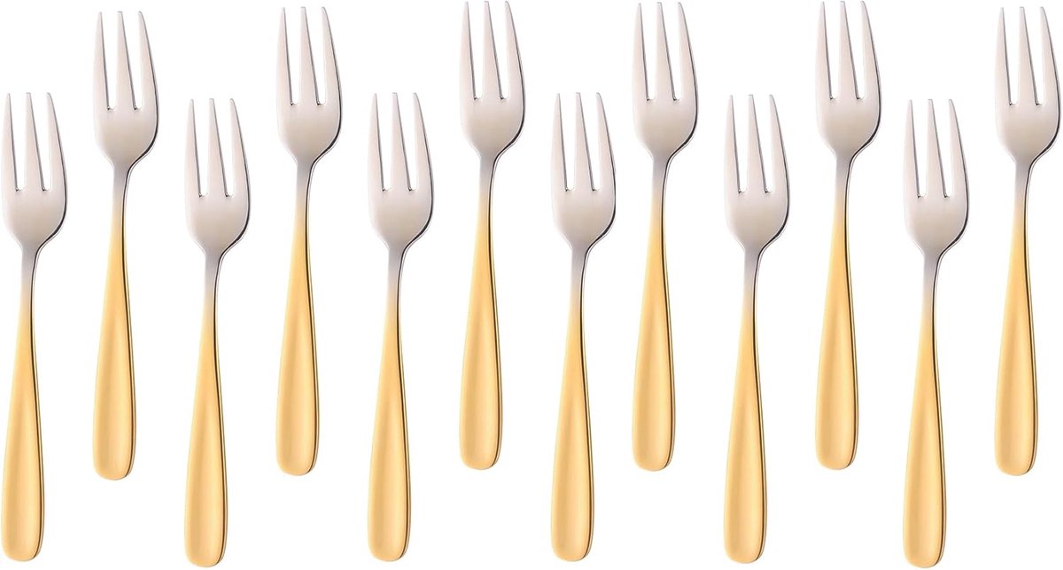 Sander Shop Taartvorken 12 stuks, dessertvorken taartvorken van roestvrij staal fruitvorken kleine vorken voor bruiloft cake thee 13,6 cm / 5,35 inch lengte (kleurverloop goud)