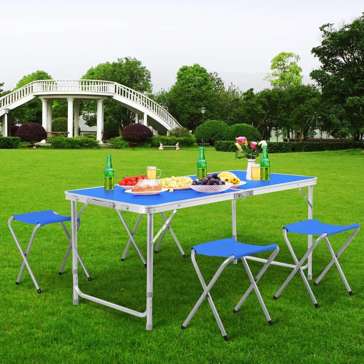 Klaptafel - Campingtafel - Kampeertafel - Picknicktafel - Wit - 120cm Opvouwbaar - 4 Kruk - Buitenmeubilair - Metaal.