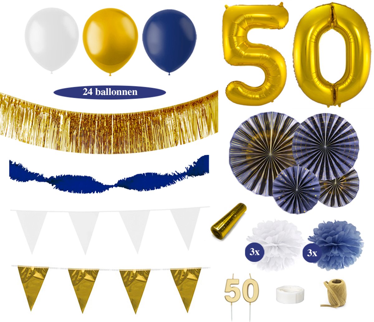 Feest zonder Fratsen - Luxe 50 Jaar Versiering - Ballonnen en Slingers - Blauw Goud en Wit