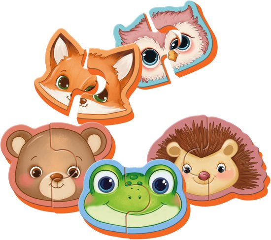 Vijf 2-delige puzzels van dierengezichten: vos, uil, beer, egel en kikker.