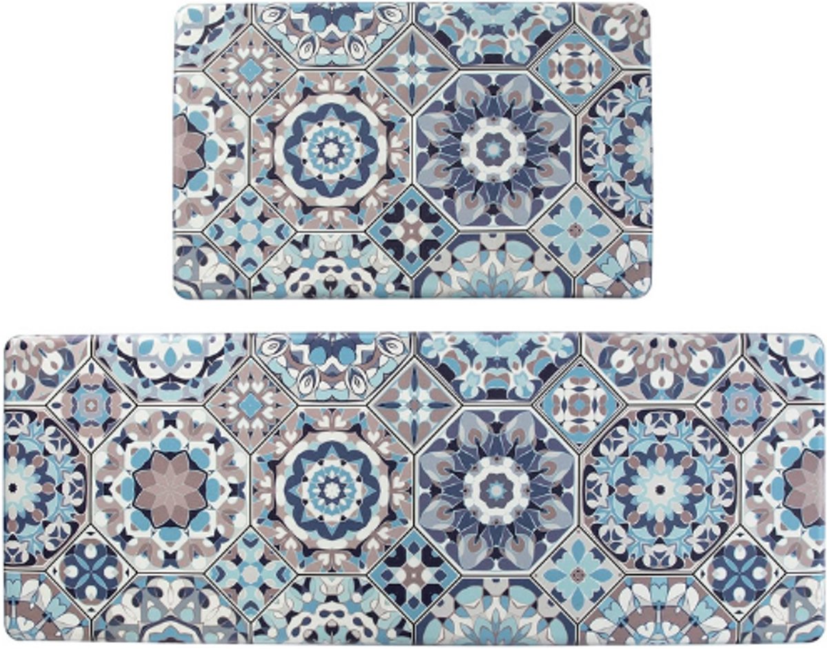 BOG Anti Vermoeidheid Keukenmat Set Van 2 - Blauwe Comfort Vloermatten - PVC Waterdicht - Antislip Keukentapijt - Wasbaar Keukenloper Voor Gootsteen En Wasruimte 43x122cm + 43x71cm
