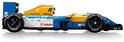 Zijaanzicht van een blauwe, witte en gele LEGO Williams FW14B Formule 1 auto met "Canon", "Goodyear" en "Elf" logo's.