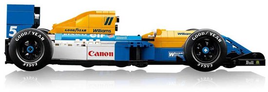 Zijaanzicht van een blauwe, witte en gele LEGO Williams FW14B Formule 1 auto met "Canon", "Goodyear" en "Elf" logo's.