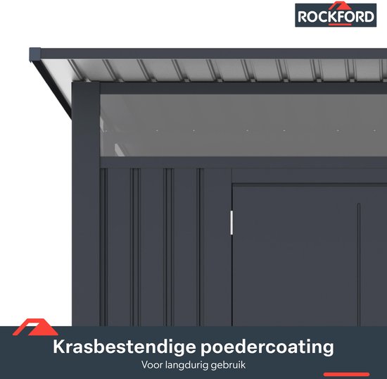 Rockford Porto 200 metalen tuinhuis met lessenaarsdak - Tuinschuur met centraal slot, polycarbonaat ramen en regenpijpen - 232 x 254 cm - Antraciet