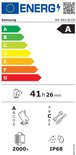 Étiquette d'efficacité énergétique classe A, autonomie de 41h 26min, résistant aux chocs et étanche IP68.