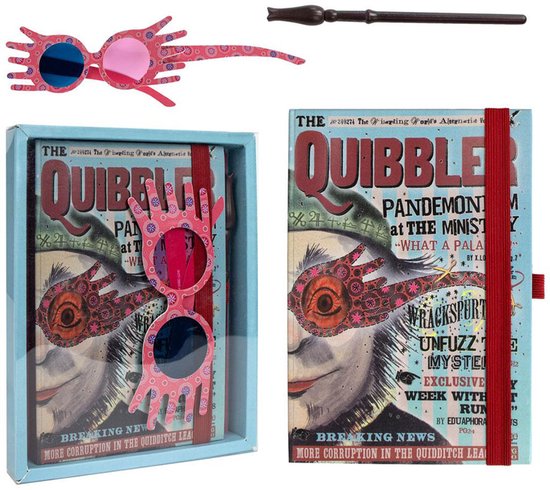 Set met 'The Quibbler'-notitieboek met Luna Lovegood-illustratie en roze bril.