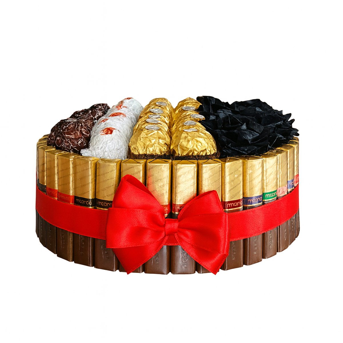 Luxe snoep cirkel chocolade mix met zwarte rozen - 24cm