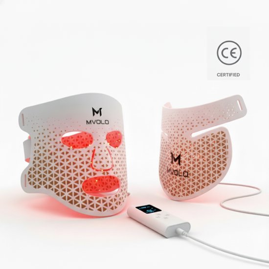 Mvolo® LED Gezichtsmasker – Red Light Mask - LED Face Mask - Rood Licht Therapie – Infraroodtherapie – Lichttherapie – Red Light Therapy - Tegen Acne - Inclusief Halsmasker
