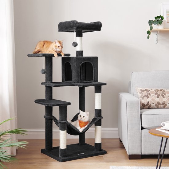 Griffoir noir de 143cm avec deux chats, un dans un hamac et un sur une plateforme.