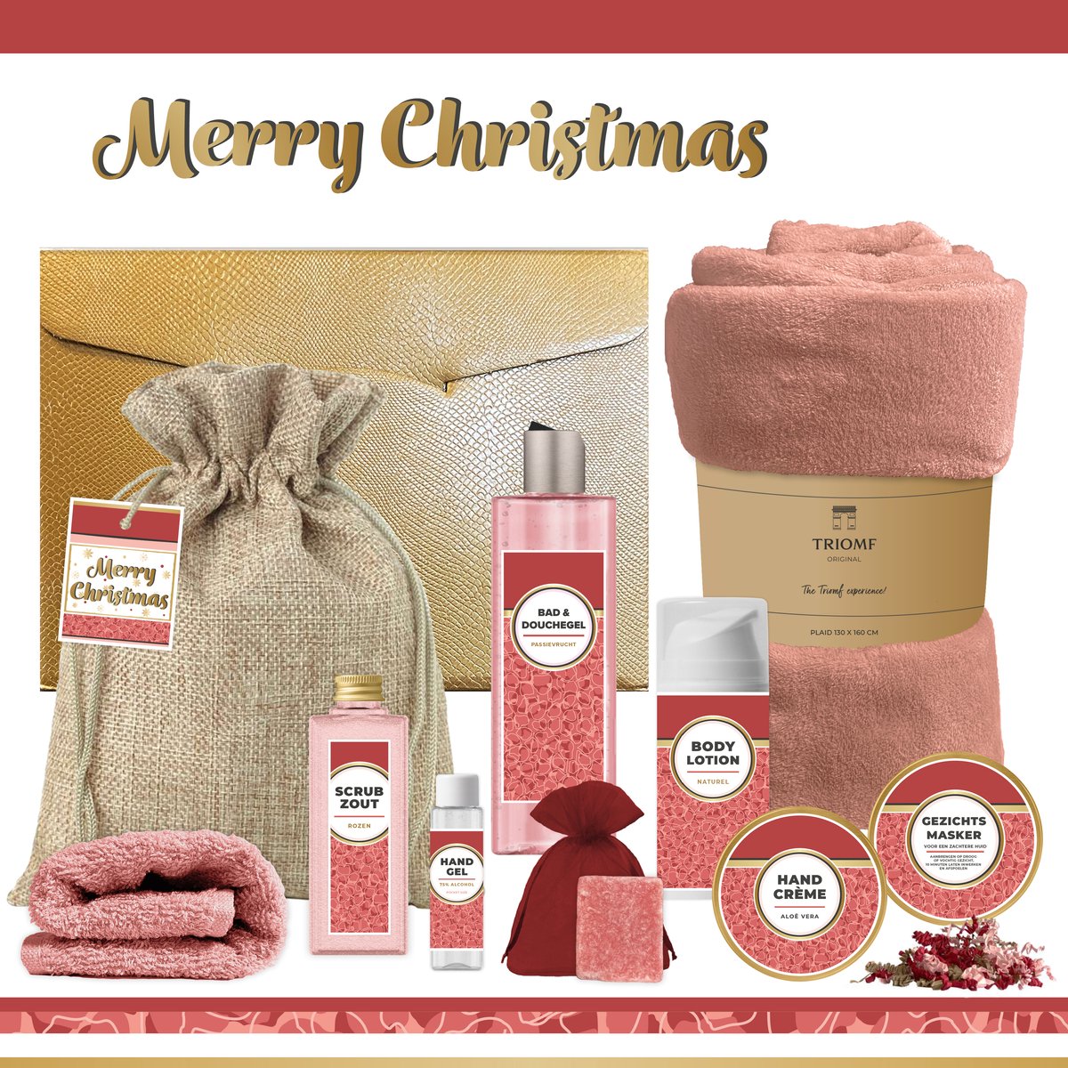 Geschenkset “Merry Christmas” - 10 producten - 1410 gram | Giftset voor haar - Luxe wellness cadeaubox - Cadeau vrouw - Gift Set Kerst - Geschenk Fijne Feestdagen - Kerstpakket - Cadeaupakket - Prettige Kerstdagen - Collega - Vriendin - Rood Roze