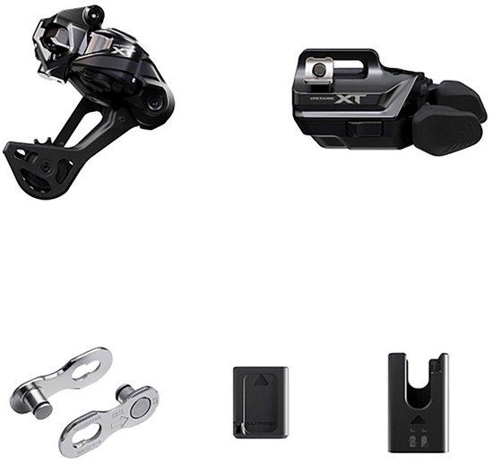 Shimano Deore XT derailleur, shifters, kettingverbinder, accu en oplader.
