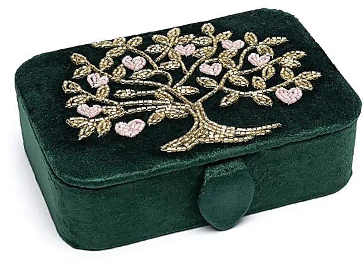 Sieraden / tarotdoos fluweel groen met Levensboom en harten – 11 cm x 15.5 cm x 5 cm