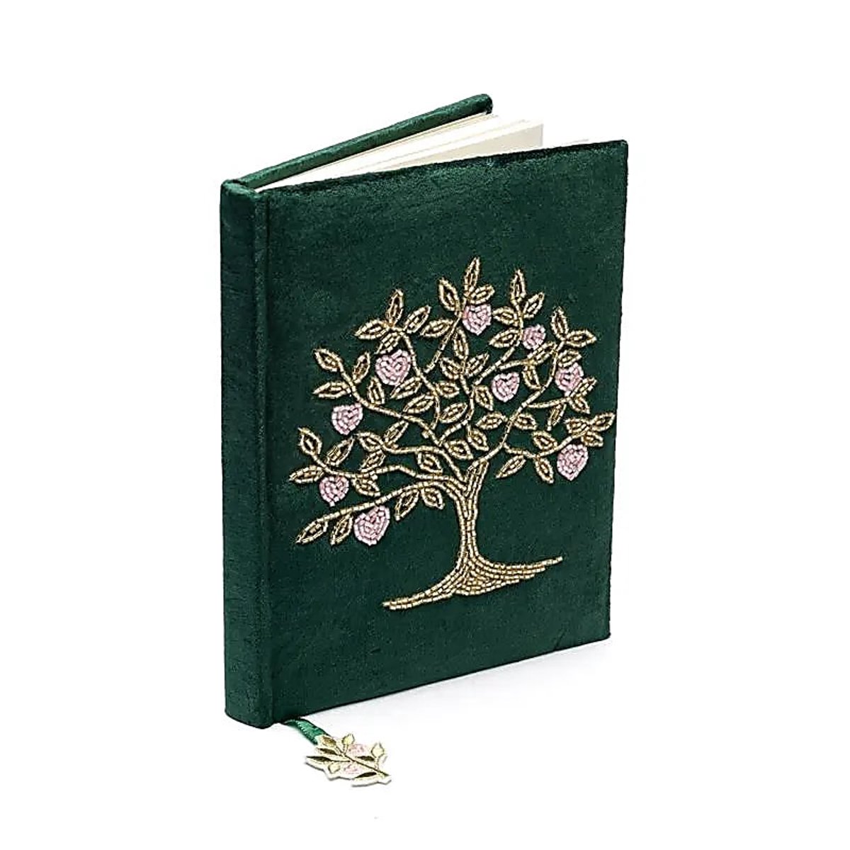 Notitieboek fluweel groen met Levensboom en harten – 20 cm x 15 cm