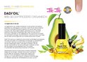 Dadi'Oil flesje met avocadoplak, olijven en blad, met tekst '95% GECERTIFICEERD ORGANISCH'.