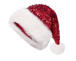 Rode glitter kerstmuts - Met witte bontrand - Feestelijke partymuts - Kerstdecoratie hoed - Familiefeesten en feestelijke decoratie