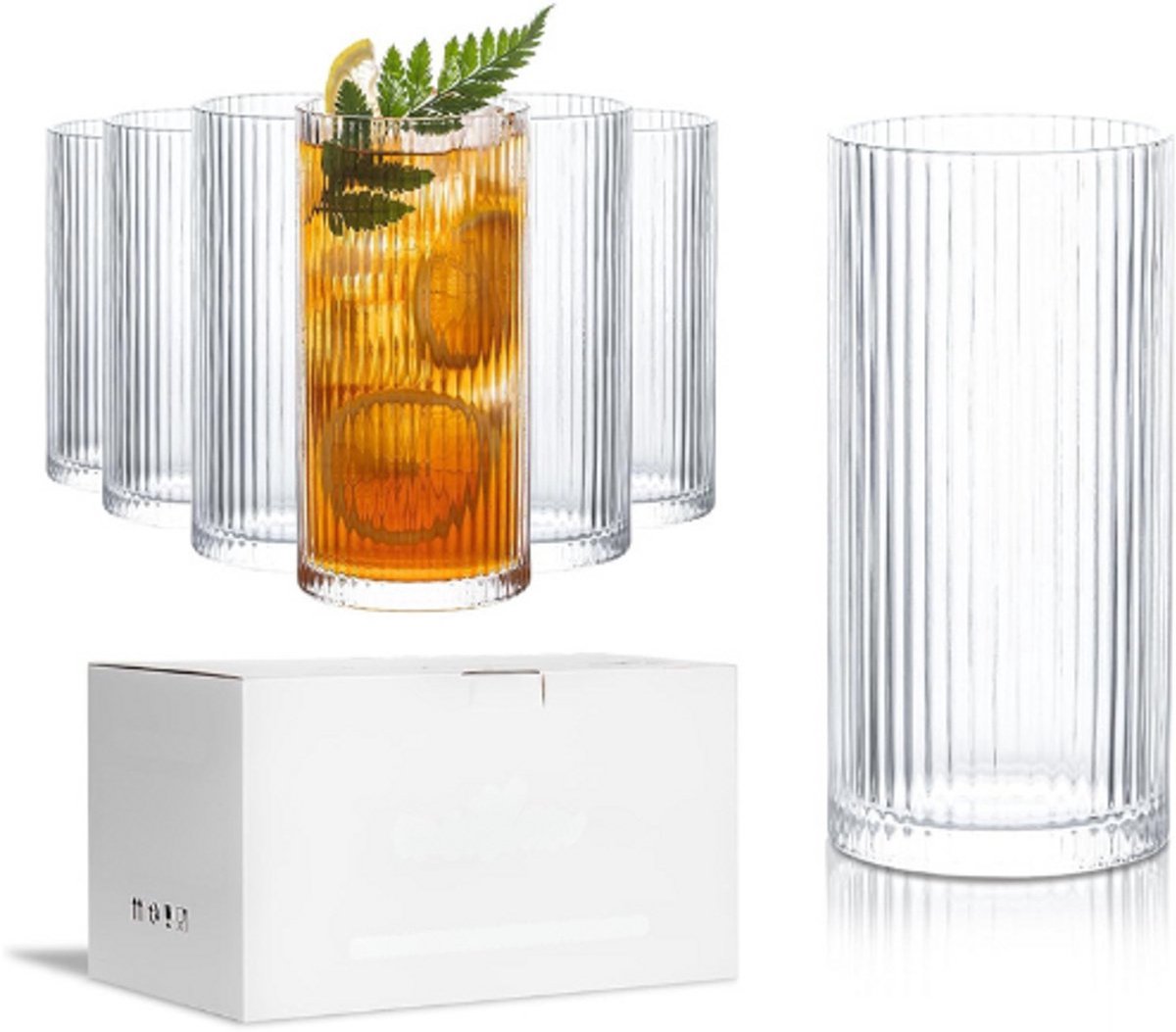 Thuys – Longdrink Glazen Set – Van 6 – 370ml Geribbelde Glazen – Hoogwaardige Drinkglazen