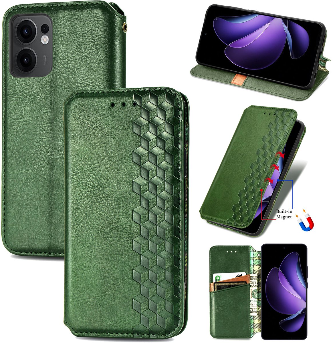 Luxe PU Lederen Ruitpatroon Wallet Case voor OPPO Reno13 F / 13 FS _ Groen