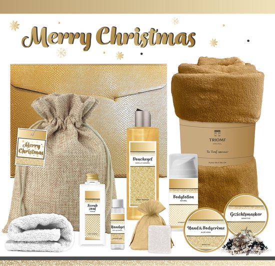 Geschenkset “Merry Christmas!” - 10 producten - 1410 gram | Luxe Kerst Cadeaubox voor haar - Wellness Pakket Vrouw - Giftset Fijne Feestdagen - Cadeaupakket Kerstcadeau - Geschenk Kerstpakket Werknemer Cadeau Bedrijf Relatiegeschenk - Gift Set Goud