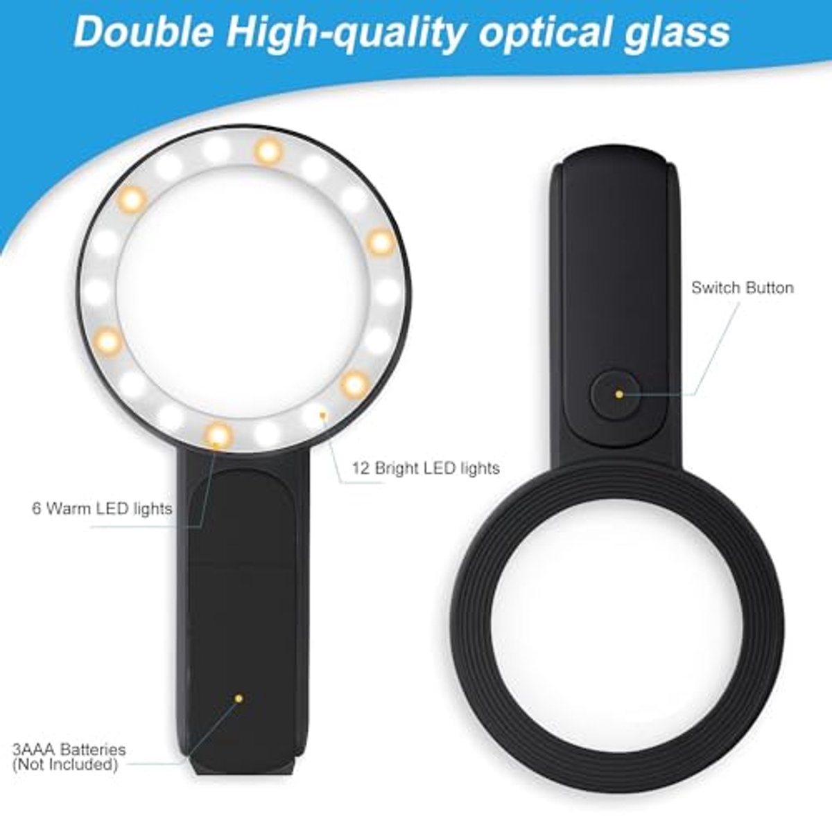 Vergrootglas met 18 LED-lampjes en 30-voudige dubbele glazen lens voor senioren - Perfect voor lezen, munten, postzegels en inspectie