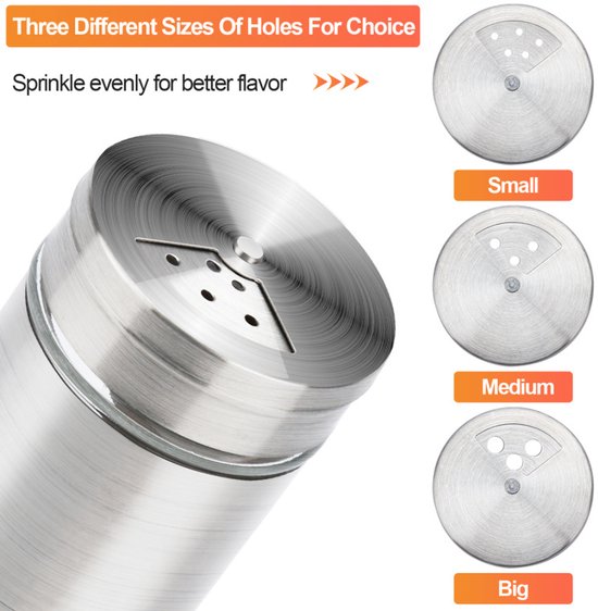 Close-up van een zilverkleurige kruidenstrooier met drie maten strooigaten (klein, medium, groot).