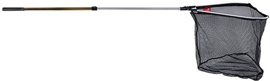 Opvouwbaar Carp Expert landingsnet met zwarte mazen, zilverkleurige steel en bruine handgreep, 250 cm lang.
