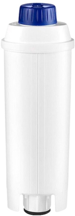 Wit De'Longhi waterfilter met blauwe dop, staand op een witte achtergrond.