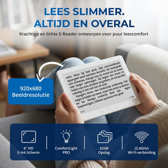 Man leest op een e-reader met 6" HD E-Ink scherm, ComfortLight PRO, 32GB opslag en 2.4GHz Wifi. Beeldresolutie 920x680.