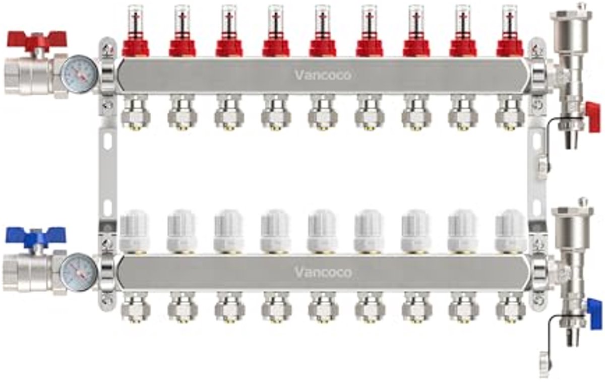 Verwarmingscircuitverdeler met 9 circuits en Eurocone - PEX-collectorkit met debietmeters