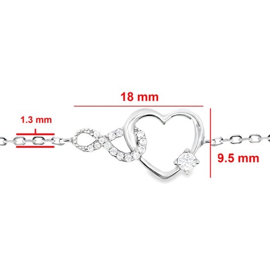 Zilveren armband, 18 mm breed hart-infinity symbool met zirkonia's, 9.5 mm hoog, 1.3 mm schakels.