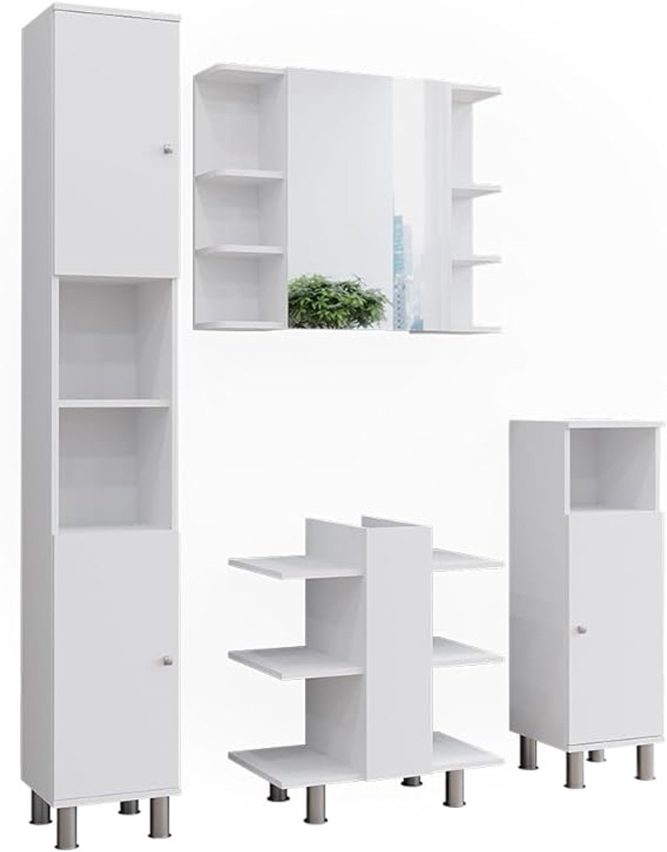 Luxe Badkamermeubelset “Fynn Deluxe” – Complete 4-Delige Wastafelset met Spiegelkast, Hoge Kast & Midi Kast – Wit Mat – Veel Opbergruimte – Modern Design